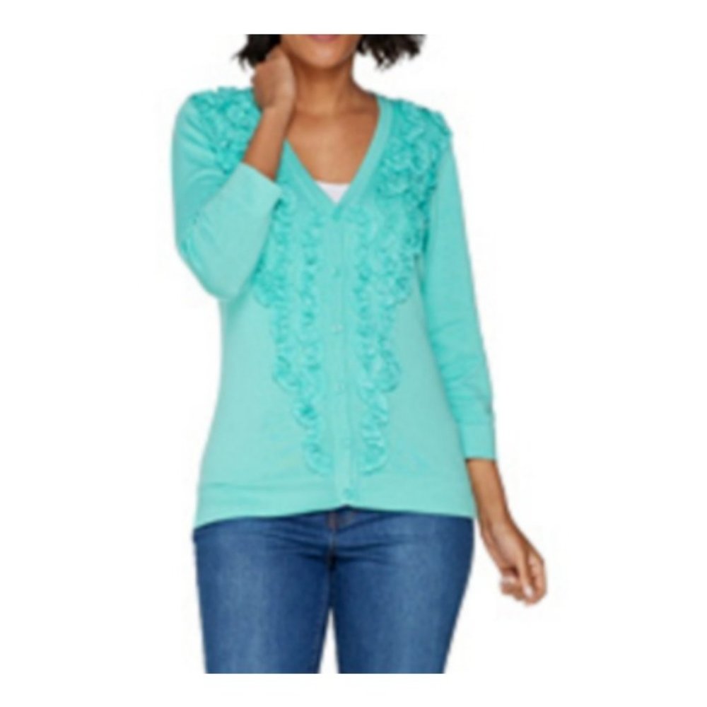Isaac Mizrahi 3/4 Sleeve V-neck Soutache Cardigan Island Breeze Size X-Small - Picture 1 of 2